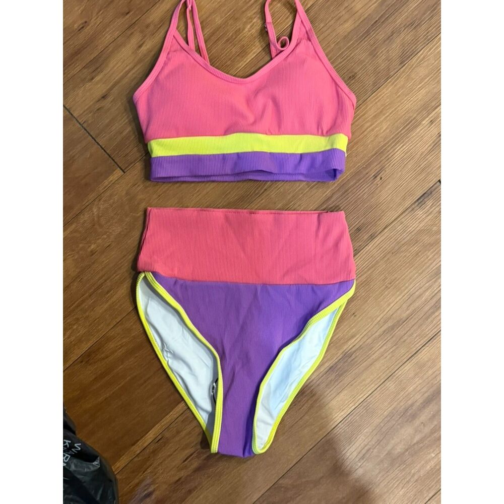 Colorblock Ribbed High-Waist Two-Piece Bikini – Pink/Purple/Neon